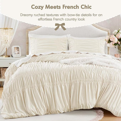 Intelligent Design Ruched Shabby Chic Comforters for King Size Bed, All Season Lightweight Comforter King, French Country Bedding Set, Sham, Ella, King/Cal King, Ivory, 3 Piece