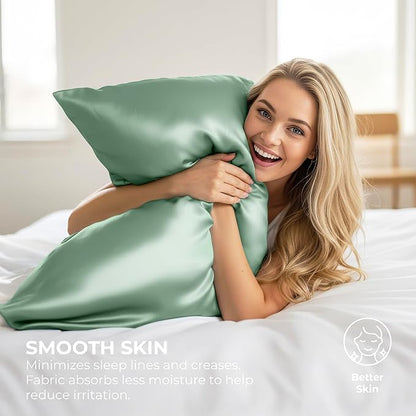 Satin Pillowcase 2 Pack - Queen Size (20"x30", Champagne Green) - Silky Pillow Cases for Hair and Skin - Satin Pillow Covers with Envelope Closure - Extra Soft Premium Microfiber