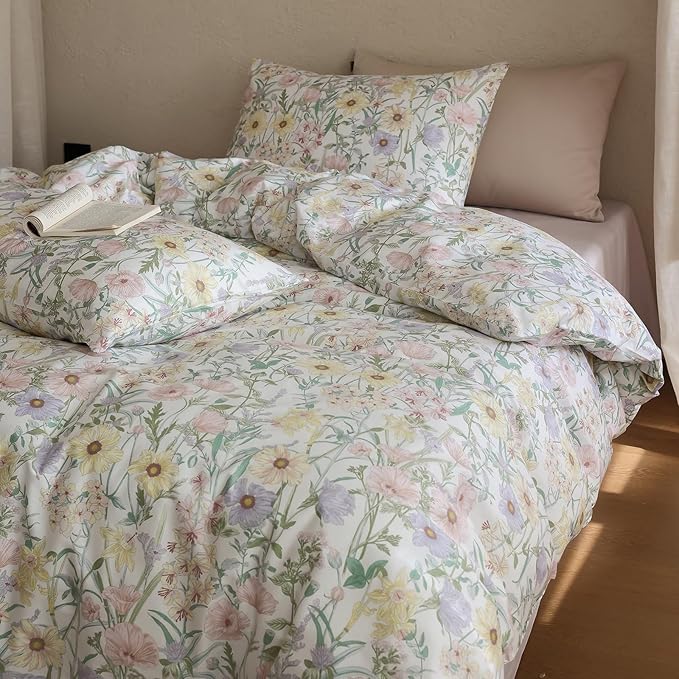 Floral Queen Size Comforter Cotton Fluffy Bedding Set Lightweight Vintage Down Alternative Girly Bedding Comforter Sets Chic 3 Piece Boho Farmhouse Bed Comforter with 2 Pillowcases