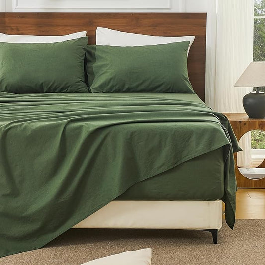 Bedlifes 100% French Linen Sheets Queen Size 18-24”Extra Deep Pocket 4-Piece Set Breathable & Moisture-Wicking,Soft & Durable Sheets for Thick Mattresses(Forest Green)