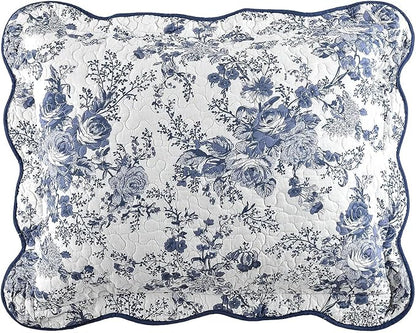 Wonderful 100% Cotton Blue Floral Quilt Set King Size Bedding Sets with Pillow Shams and Bed Skirt, 4 Pieces Floral Bedspread Coverlet, Quilted Blanket Bed Cover for All Season, 104"x90"
