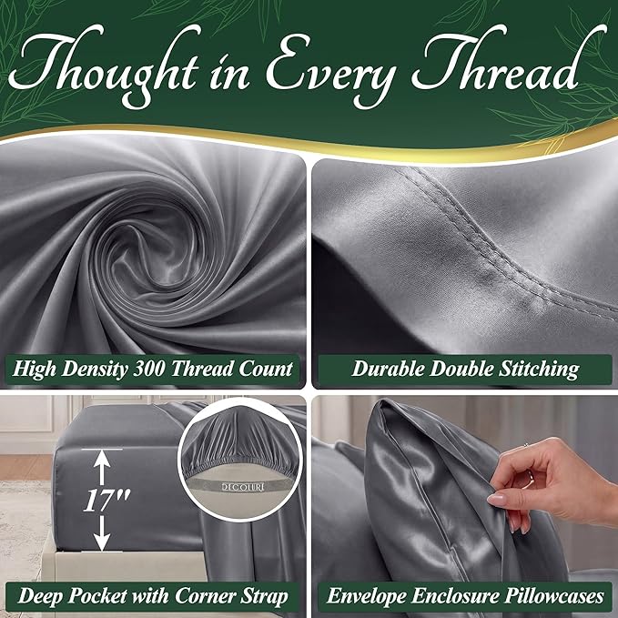 DECOLURE 100% Viscose Derived from Bamboo Sheets Queen Size - Luxury 6 Pc Naturally Cooling Sheets, Ultra Soft Bed Set - Deep 17" Pockets, Durable Double Stitching, Oeko Tex Standard (Grey)