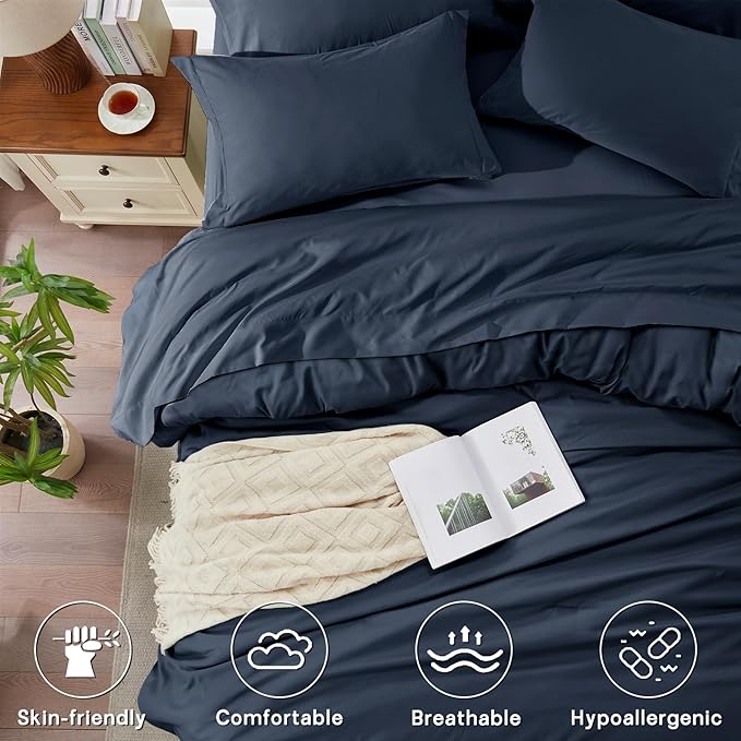 Anluoer Navy Blue Queen Comforter Set 7 Pieces, Bed in a Bag with Sheets, All Season Bedding Sets with 1 Comforter, 2 Pillow Shams, 2 Pillowcases, 1 Flat Sheet, 1 Fitted Sheet