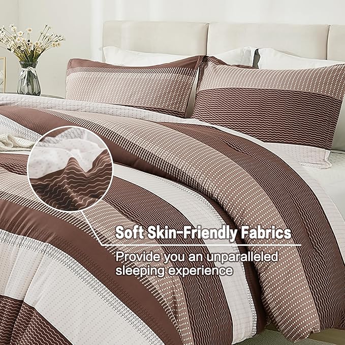 Litanika Brown Comforter Set Twin/Twin XL - 2 Pieces Lightweight Brown White Colorblock Stripe Fluffy Bedding Comforter Sets, All Season Bed Set