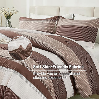 Litanika Brown Comforter Set Queen - 3 Pieces Lightweight Brown White Colorblock Stripe Fluffy Bedding Comforter Sets, All Season Bed Set