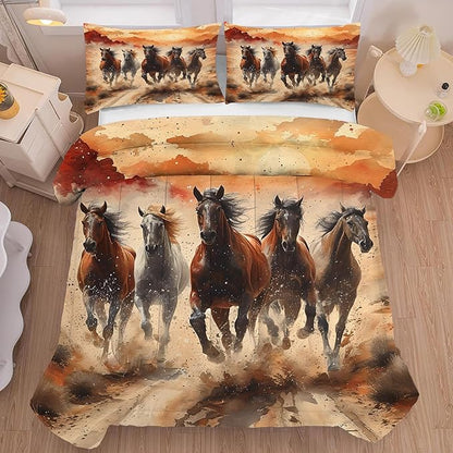 Horse Comforter Set Twin: Galloping Horse Bedding Set for Kids Teens Girls Boys Women Bed Bedroom Dorm Western Quilt 1 Comforter + 1 Pillow Case