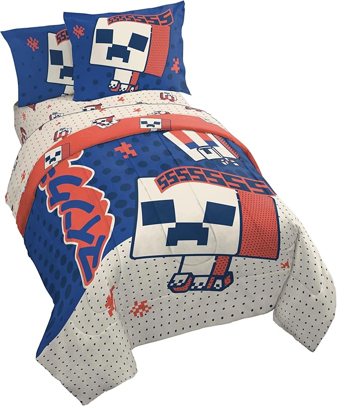 Jay Franco Minecraft Creeper Twin Comforter Set - 5 Piece Bedding Includes Sheet Set & Pillow Covers - Super Soft Red & Blue Oishi Market Kids Bedding