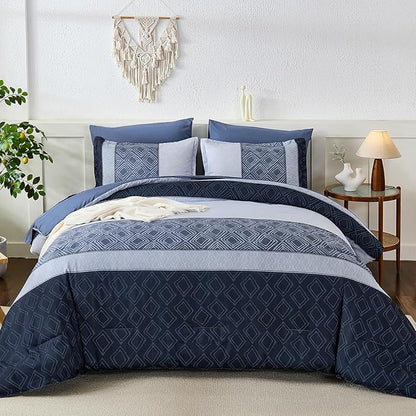 Dinjoy Boho Queen Comforter Set Mineral Blue,7 Piece Bed in a Bag Queen Size Warm Striped Fall Bedding Sets with Plaid Comforters with Sheets for Family All Season