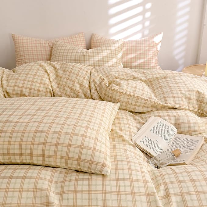 EAVD Vintage Style Brown&Green Grid Plaid Duvet Cover Twin Soft 100% Washed Cotton Chic Checkered Gingham Bedding Set with 2 Pillowcases Farmhouse Gingham Duvet Cover with Zipper Closure