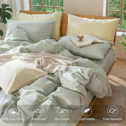 MooMee Bedding Duvet Cover Set 100% Washed Cotton Linen Like Textured Breathable Durable Soft Comfy (Heathered Sage Green, Super King 108"x98")