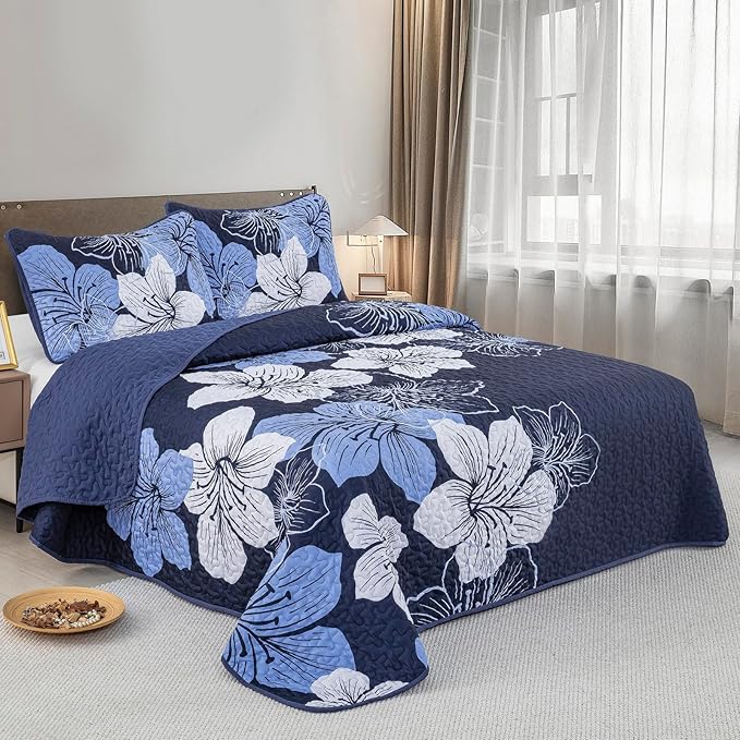 DJY 3 Pieces Quilt Set King Navy Blue Floral Pattern Quilt Coverlet Set Gorgeous Boho Bedspread with 2 Pillow Cases Cozy Microfiber Botanical Bedding Quilt Set for Teens Adults 104"x 90"