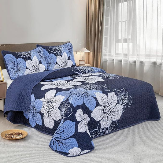 DJY 3 Pieces Quilt Set King Navy Blue Floral Pattern Quilt Coverlet Set Gorgeous Boho Bedspread with 2 Pillow Cases Cozy Microfiber Botanical Bedding Quilt Set for Teens Adults 104"x 90"
