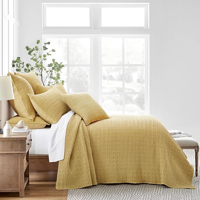 Levtex Home Mills Waffle Twin Bedspread Set (84x104in) with 1 Pillow Sham (26x20in) - Ochre - Cotton Waffle Twin Size Bedspread Set - Lightweight, Soft, Pre-Washed