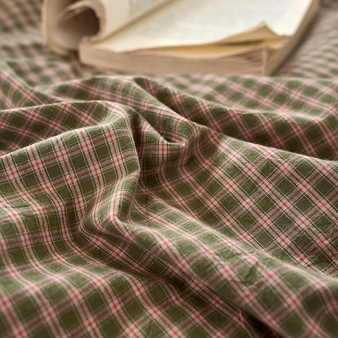 Gingham Queen Duvet Cover Set Sage Green Washed Cotton Queen Size Comforter Cover Plaid Checkered Country Zipper Duvet Cover Set with Corner Ties Boho Soft Bedding Set for Boys Duvet Protector