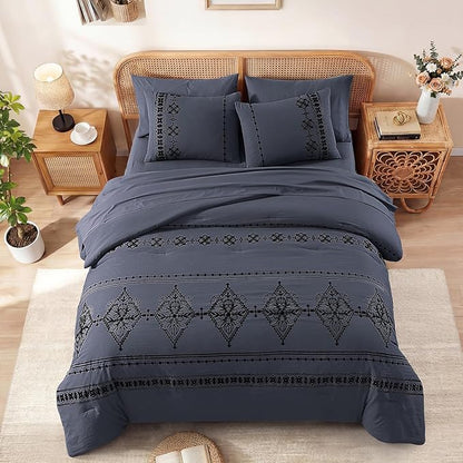 MaiRêve Queen Size Comforter Set Crown Blue, Embroidery Floral Western Boho Bedding Set, All Season 7 Pieces Bed in a Bag with Sheets, Pillowcases & Shams