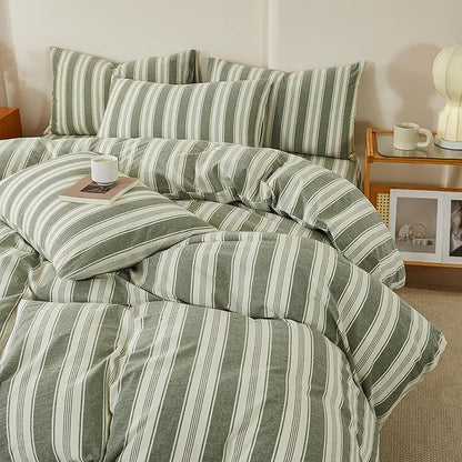 Retro Striped Duvet Cover Set Full, Soft 100% Cotton Green Striped Bedding Set, Farmhouse Stripes Pattern Comforter Cover with 2 Pillowcases, Vintage 3 Piece Breathable Duvet Cover with Zipper Closure