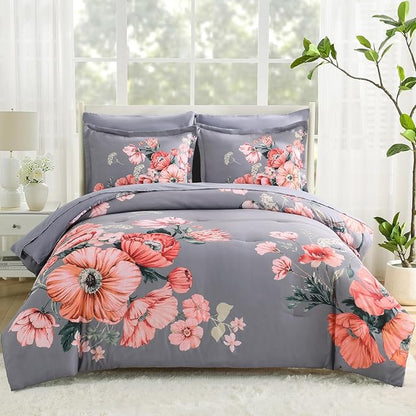 Queen Comforter Set - 7 Pieces Bed in a Bag Dark Grey Floral Queen Comforter Set with Sheets, Soft Microfiber Flower Complete Bedding Set for All Seasons（Dark Grey,90"x90"）