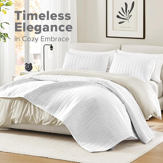 Comfort Spaces White Oversized King Quilt Set 120"x118" Bedspread Quilted Summer Lightweight Microfiber Bedding Coverlet with Double Sided Stitching Soft All Season Cozy 3 Piece with Matching Shams
