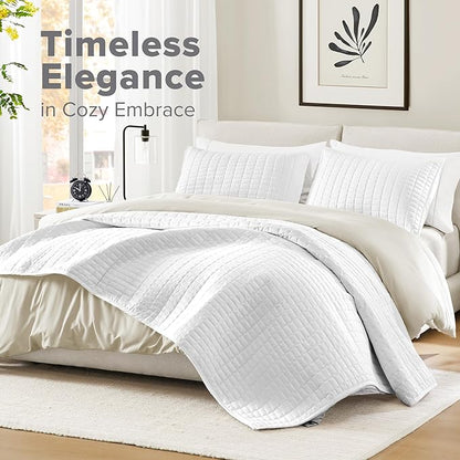 Comfort Spaces White Oversized Queen Quilt Set 102"x118" Bedspread Quilted Summer Lightweight Microfiber Bedding Coverlet with Double Sided Stitching Soft All Season Cozy 3 Piece with Matching Shams