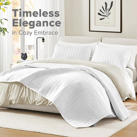 Comfort Spaces White Oversized Queen Quilt Set 102"x118" Bedspread Quilted Summer Lightweight Microfiber Bedding Coverlet with Double Sided Stitching Soft All Season Cozy 3 Piece with Matching Shams