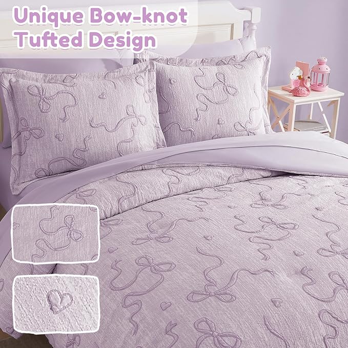 Geniospin Light Purple Queen Comforter Set for Girls- 7 Pieces Bowknot Jacquard Bed in A Bag Queen Bedding Sets with Sheets, Pillowcases & Shams, All Season Kids Comforter Set