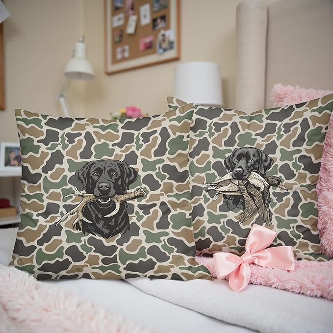 Vintage Camo Labrador Retriever Mallard Duck Throw Pillow Covers 18x18 Set of 2, Dog Hunting Pillowcase, Camouflage Farm Animal Decorative Pillow Covers,Camouflage Wild Animal Decor（84）