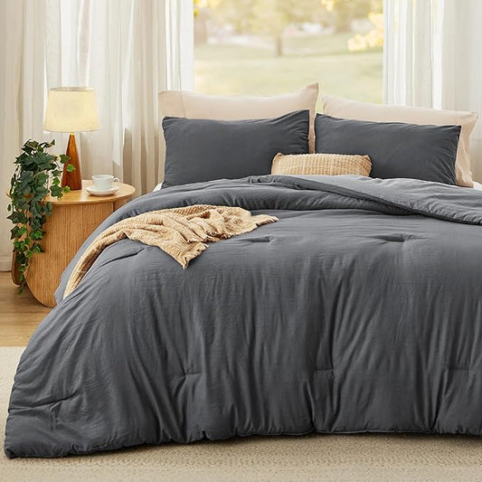 Bedsure Queen Comforter Set, Dark Gray Soft Prewashed Bedding for All Seasons, 3 Pieces GentleSoft™ Bed Set, 1 Lightweight Comforter (90"x90") and 2 Pillowcases (20"x26")