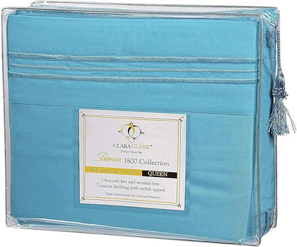Clara Clark Bed Sheets, Premier 1800 Series 4 Piece Bed Sheet Set, Deep Pocket, Wrinkle, Fade, Stain Resistant, Luxury Soft Bedding Sheets & Pillowcases, Queen, Beach Blue (Pack of 2)