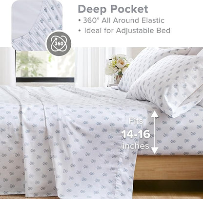 Comfort Spaces 100% Cotton Sheets Cal King, Breathable, Naturally Cool Cotton Sheets, Soft Cotton Bed Sheets with 14" Elastic Pocket Fits up to 16" Mattress, All Seasons Sheet Set, Floral Blue 4 Piece