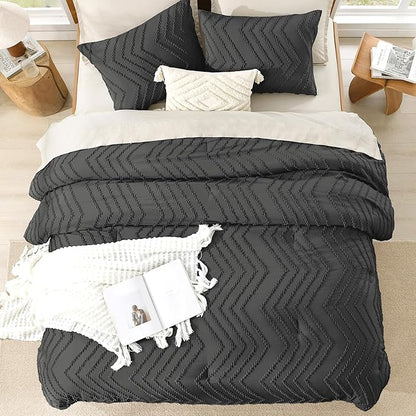 Litanika Dark Gray Queen Size Comforter Sets, 3 Pieces Lightweight Grey Chevron Tufted Bedding Comforter Set, Fluffy Down Alternative Comforter Bed Set Gift Choice