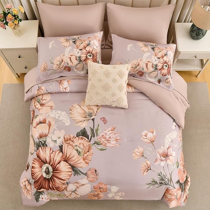 Queen Comforter Set - 7 Pieces Bed in a Bag Khaki Floral Queen Comforter Set with Sheets, Soft Microfiber Flower Complete Bedding Set for All Seasons（Khaki,90"x90"）