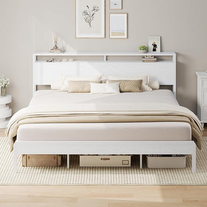 LIKIMIO King Bed Frame with Headboard, Wood Camas King with Strong Supports, Sturdy, Noise-Free, No Box Spring Needed, White