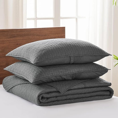 Levtex Home Cross Stitch Reversible Full Bedspread Set (100x104in) with 2 Pillow Shams (26x20in) - Stitch Texture - Charcoal - Cotton Full Size Bedspread Set - Lightweight, Soft, Pre-Washed