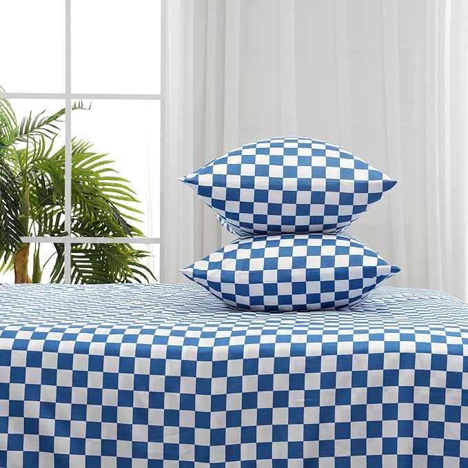 Best Season Queen Size Sheet Set 4 Piece -Microfiber Soft Durable Bedding Sheet Set,Deep Pocket,Stain,Fade & Wrinkle Resistant (Plaid Blue&White)