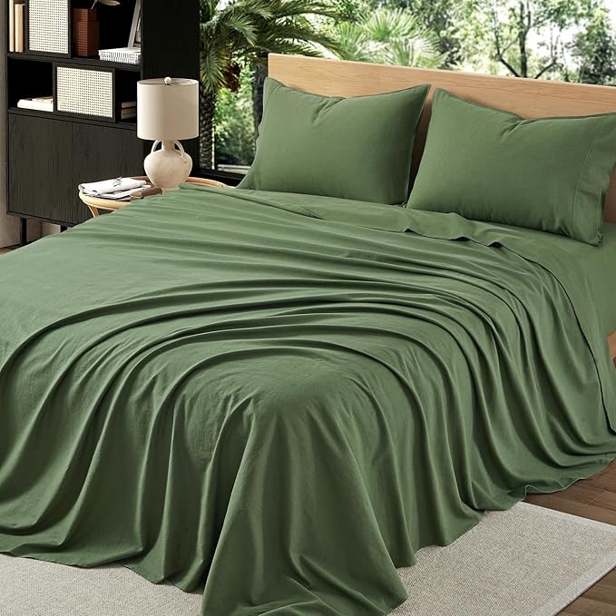 4Pcs Organic Linen Sheets California King Size, 100% Linen from Normandy, Breathable Forest Green Cal King Sheet Set with 16 Inch Deep Pocket, 1 Flat Sheet, 1 Fitted Sheet, 2 Pillowcases