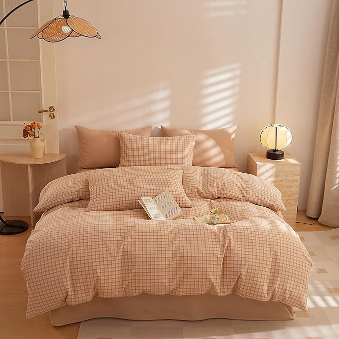 HighBuy Orange Gingham Comforter Set Queen Size Boho Plaid Checkered Pattern Comforter Geometric Grid Printed Bedding Comforter Set with 2 Pillowcases Fluffy Soft Gingham Bedding Set