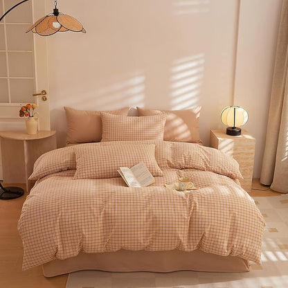 HighBuy Orange Gingham Comforter Set Queen Size Boho Plaid Checkered Pattern Comforter Geometric Grid Printed Bedding Comforter Set with 2 Pillowcases Fluffy Soft Gingham Bedding Set