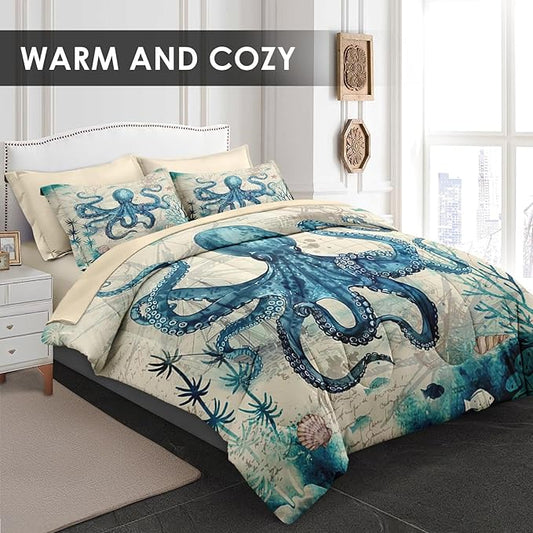 Comforter Set Full Size, Octopus Beach 7 Pcs Bedding for Kids and Adults, Summer Sea Animal Bed Sheet Sets with Fitted Sheet 2 Pillowcase & 2 Sham for Bedroom Bed Decor