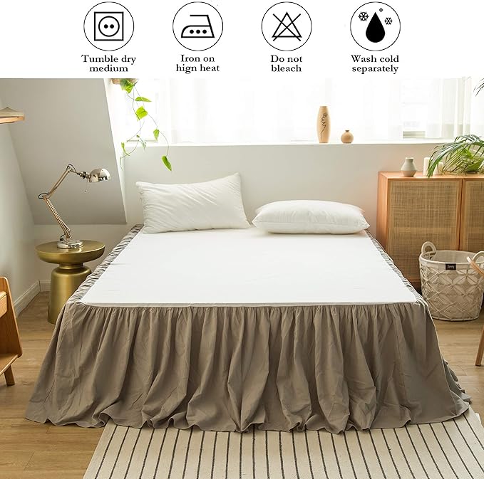 BISELINA French Linen Bed Skirt with Pleated Frills 18-Inch Tailored Drop Natural Flax Cotton Blend Dust Ruffle Soft Cozy Farmhouse Bedding (18" Queen, Ruffle Grey)