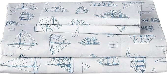 Nautica - Queen Sheets, Cotton Percale Bedding Set, Crisp & Cool, Coastal Home Decor (Whitewood Sail Blue, Queen)