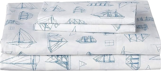 Nautica - Queen Sheets, Cotton Percale Bedding Set, Crisp & Cool, Coastal Home Decor (Whitewood Sail Blue, Queen)