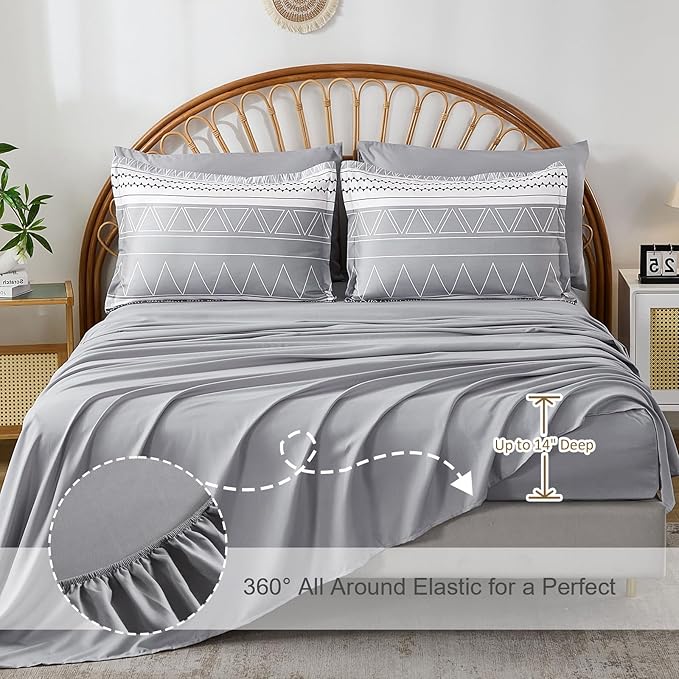 WONGS BEDDING King Size Comforter Set 7 Pieces, Boho Grey White Geometric Striped Comforter for King Bed in a Bag, Soft Microfiber Bedding Set with Pillowcases, Flat Sheet, Fitted Sheet, Pillow Shams