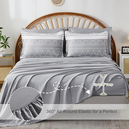 WONGS BEDDING King Size Comforter Set 7 Pieces, Boho Grey White Geometric Striped Comforter for King Bed in a Bag, Soft Microfiber Bedding Set with Pillowcases, Flat Sheet, Fitted Sheet, Pillow Shams