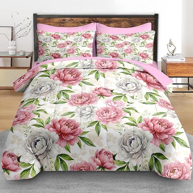 Valentine's Day Comforter Set Queen Size, Floral Botanical 7 Pcs Bedding for Kids and Adults, Peony Vintage Rose Bed Sheet Sets with Fitted Sheet 2 Pillowcases & 2 Shams for Bedroom Bed Decor