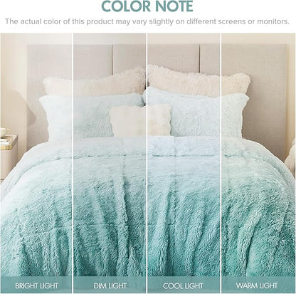 Intelligent Design Brielle, Long Shaggy Faux Fur Comforter Set, Plush Reverse, Trendy Ombre Design, Modern, Cozy All Season Bedding, Matching Sham, King/Cal King(104"x90") Aqua 3 Piece