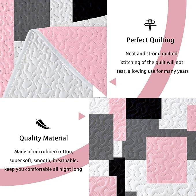 2 Piece Pink Grey Quilt Set Twin Size Pink Gray White Geometric Reversible Bedding Set Microfiber Lightweight Bedspread Coverlet with 1 Sham1 Modern Bed Cover for All Season, 68''x86''