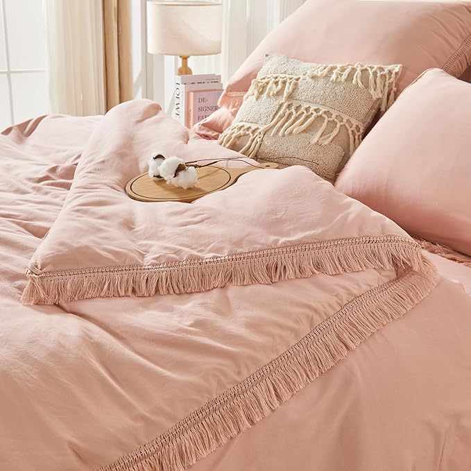 Andency Pink Full Size Comforter Set with Sheets - 7 Pieces Boho Tassel Bed in a Bag Soft Lightweight Bedding Sets, Pink Fringe Bed Set with Comforter, Sheets, Pillowcases & Shams