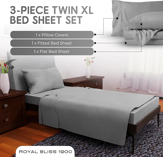 Twin XL Sheet Sets - 3 Pcs Set - Fade Resistant Double Brushed MicrofiberTwin XL Sheet Set, Deep Pocket XL Twin Sheets, Cooling Twin XL Sheets, XL Twin Bed Sheets (Silver)