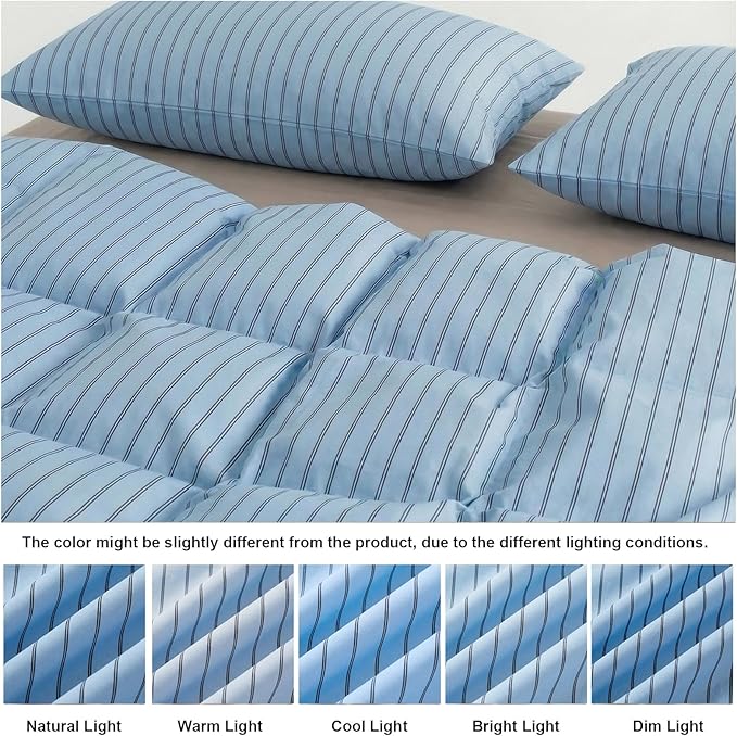 Bedbay Blue Striped Duvet Cover Set Queen Size, 100% Cotton Sateen Bedding Set, Soft Breathable Hotel-Inspired 3 Piece Duvet Cover for All Seasons