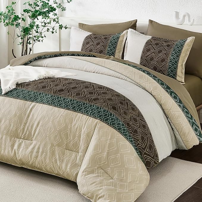 Dinjoy Queen Comforter Set Khaki Boho,7 Piece Bed in a Bag Queen Size Warm Striped Bedding Sets Comforters with Plaid Light Brown Bed Set with Sheets for Women Fall Winter